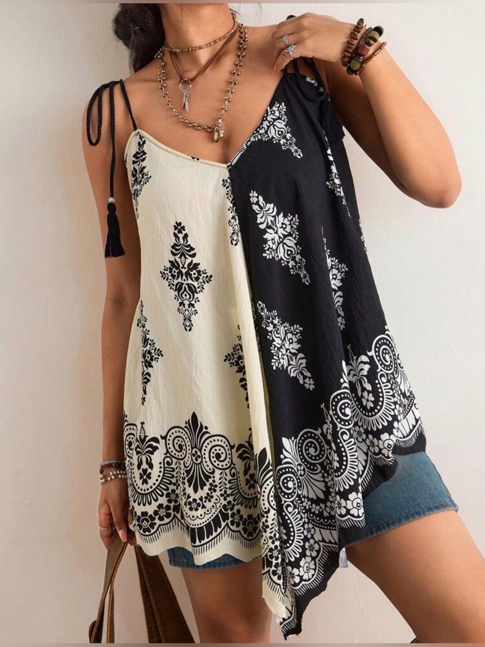 Commense Black & Cream Two-Tone bohemian floral top